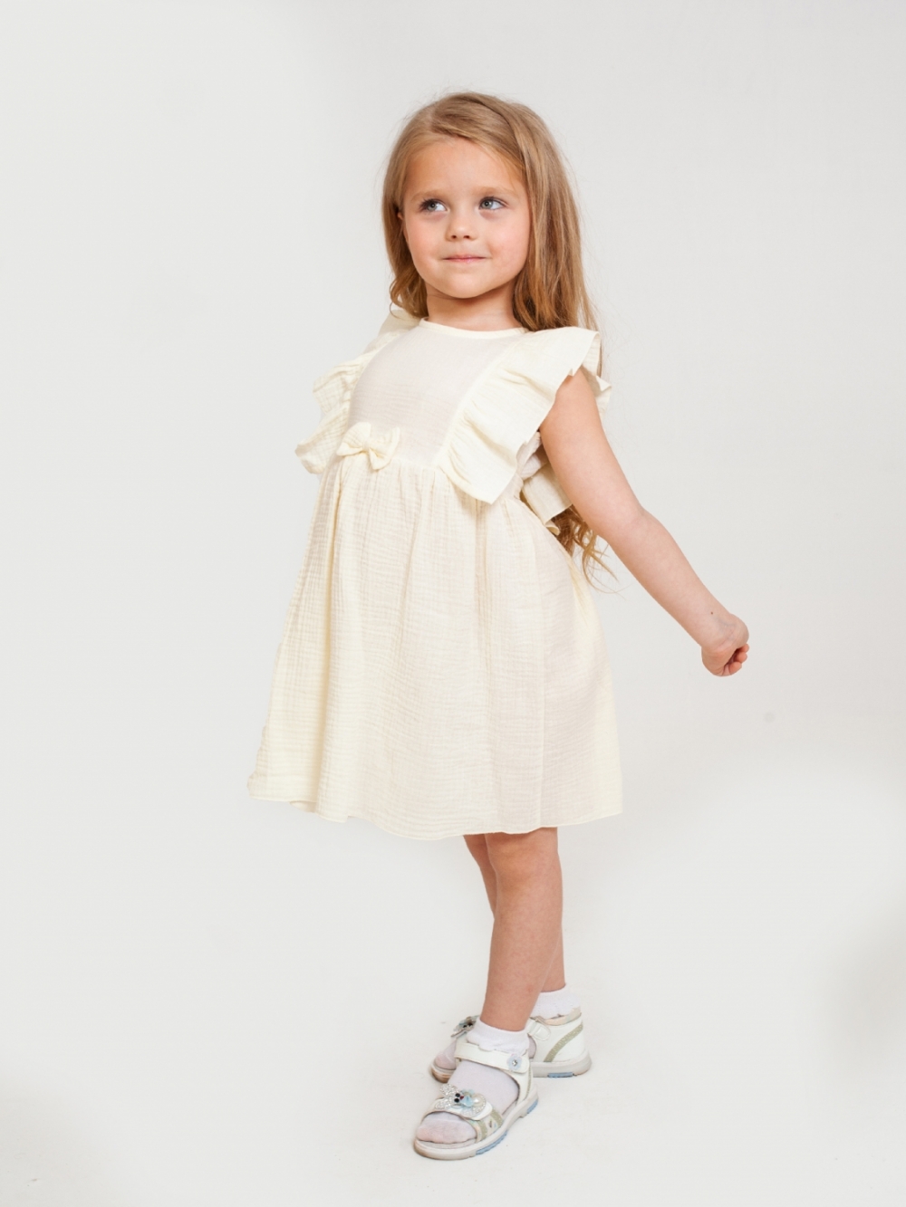 322-СЛ. Платье из муслина детское, хлопок 100% сливочный, р. 74,80,86,92