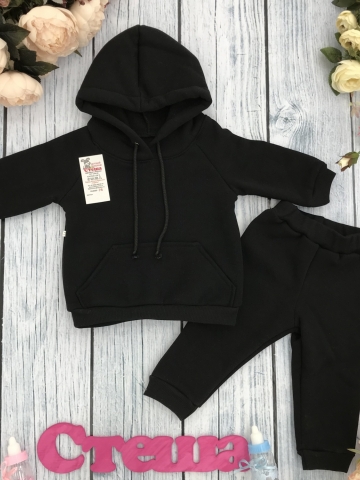 Купить оптом 296-Ч. Свитшот с капюшоном + Штаны, хлопок 65%, 35% ПЭ, 3-х нитка (начес) черный 80,86,92 в Всеволожске